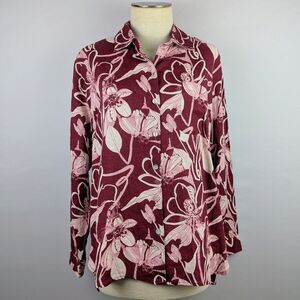 Magaschoni 100% Linen Button Down Shirt Large Floral Print Burgundy M NWT